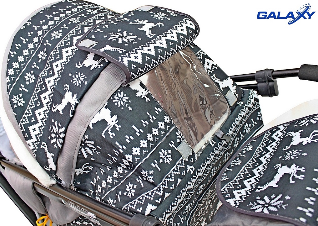 Санки-коляска Snow Galaxy Luxe Финская ночь на больших мягких колесах, с сумкой и муфтой  